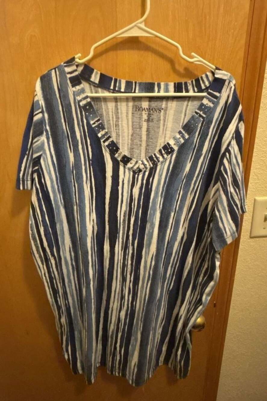 Roaman's Studded Watercolor Stripe V-Neck Tunic Top